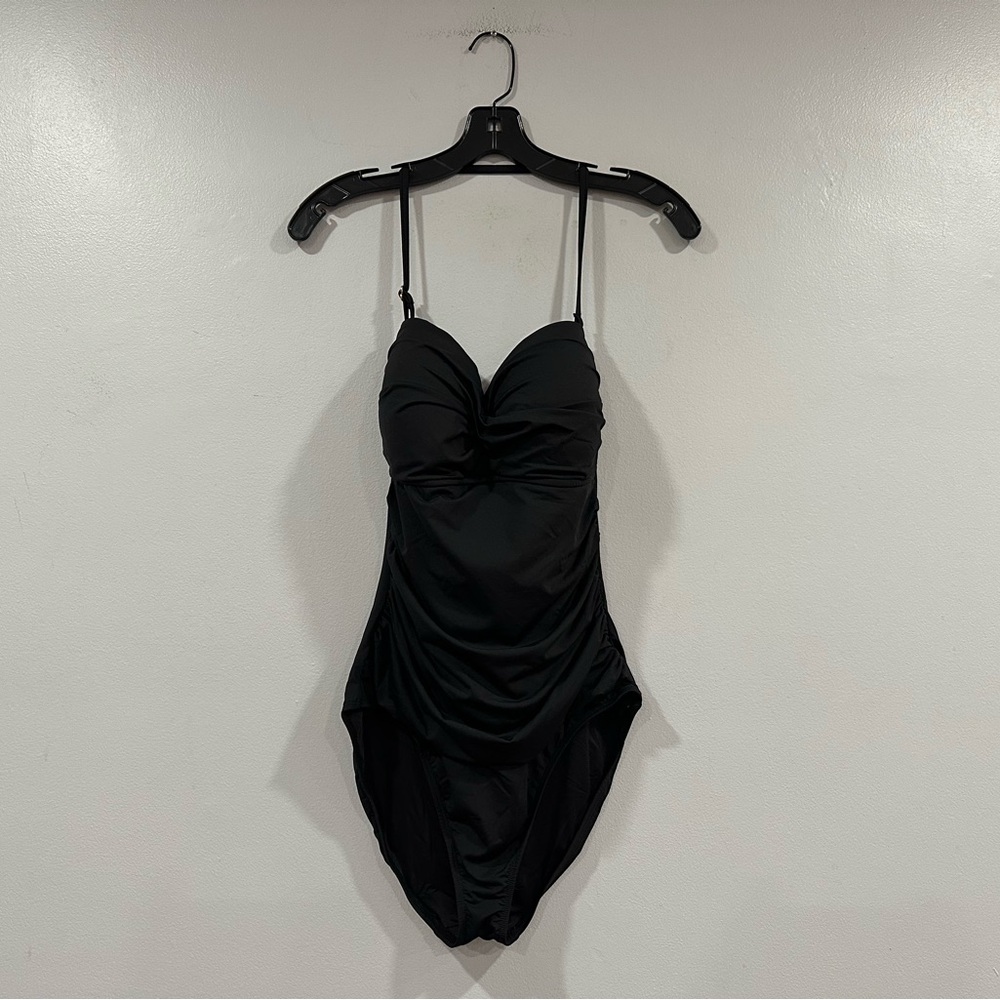Anne Cole Black One Piece Shirred Ruched Halter Swimsuit US 12